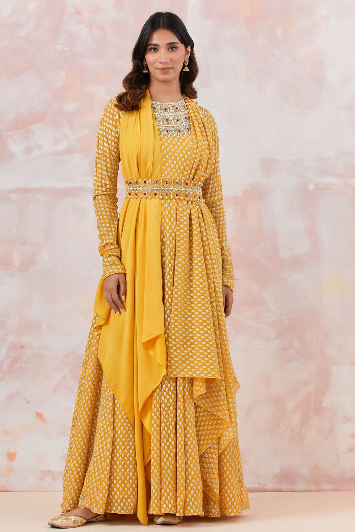 Yellow Georgette Embellished Anarkali Kurti Set with Belt