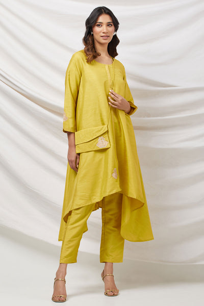 Yellow Cotton Silk Kurti Pant Set with Bag