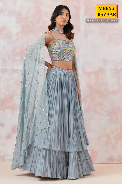Grey Georgette Mirror and Sequins Embroidered Lehenga with Cape and Dupatta
