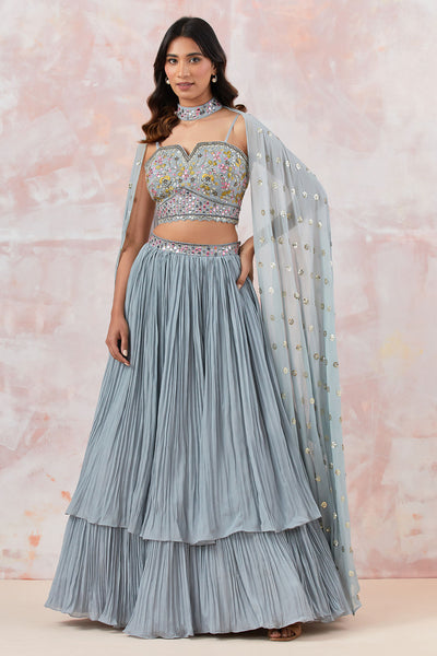 Grey Georgette Mirror and Sequins Embroidered Lehenga with Cape and Dupatta