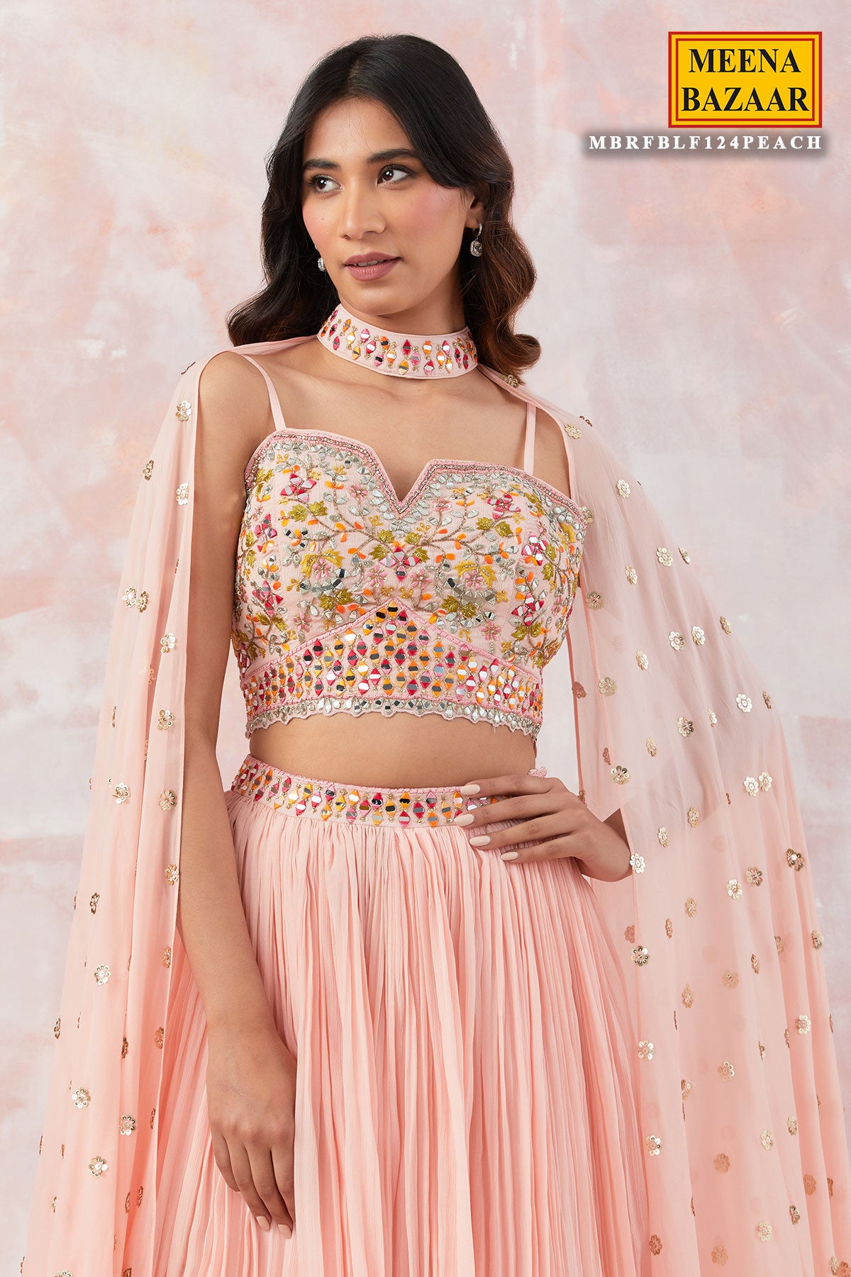 Peach Georgette Mirror and Sequins Embroidered Lehenga with Cape and Dupatta