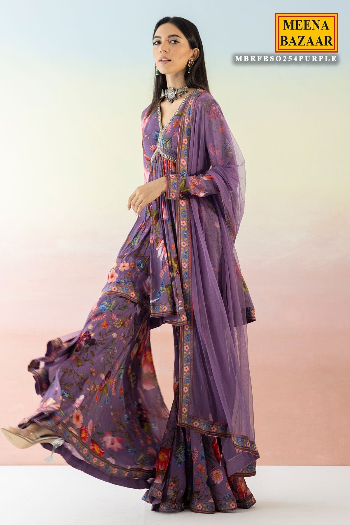 Purple Crepe Floral Printed Embroidered Sharara Suit