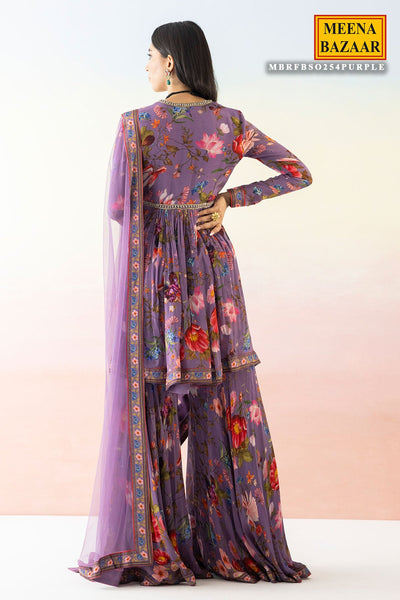 Purple Crepe Floral Printed Embroidered Sharara Suit