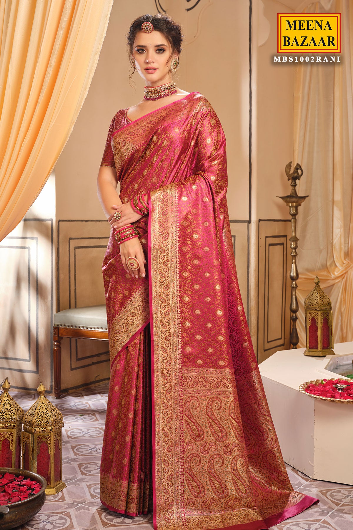 Rani-pink Woven Banarasi Silk Saree