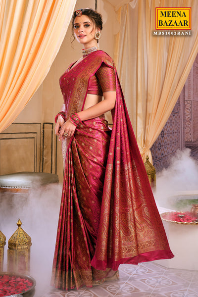 Rani-pink Woven Banarasi Silk Saree