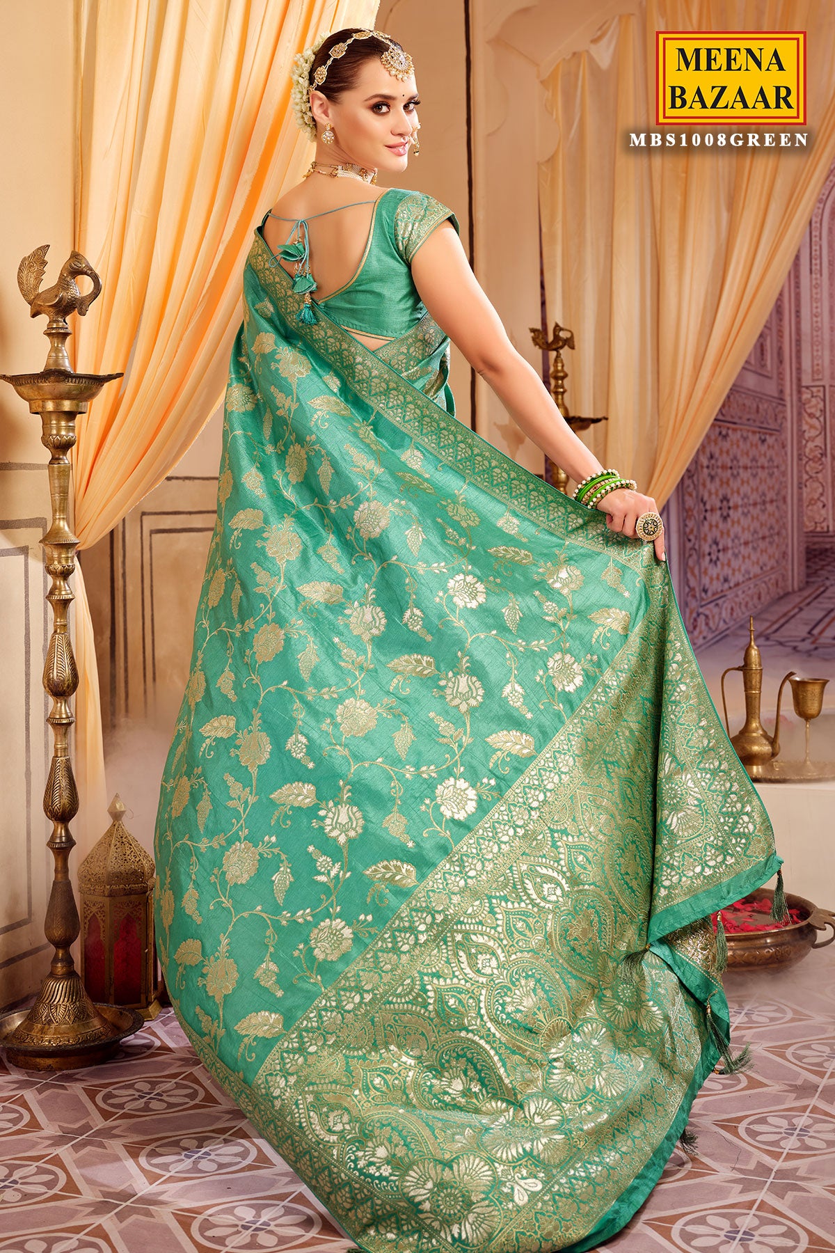 Green Blended Silk Floral Zari Woven Saree