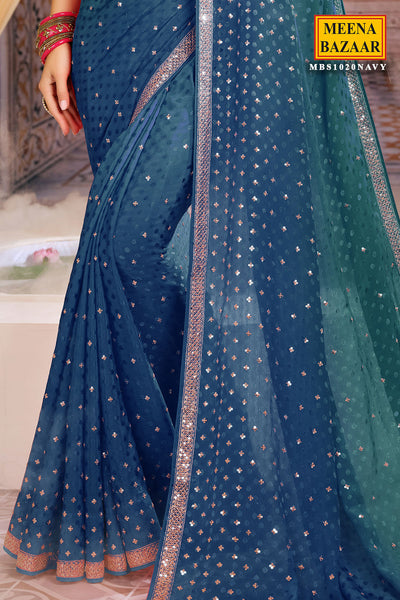 Navy Georgette Zari and Sequins Embroidered Saree