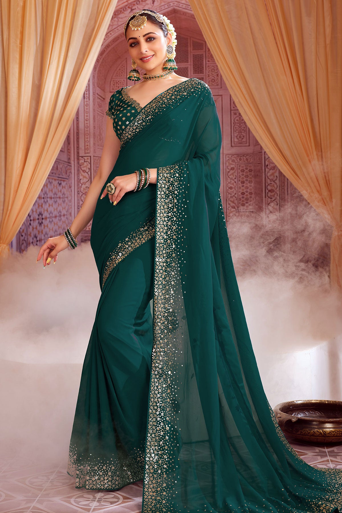 Bottle Green Georgette with Zari Sequence Embroidery Saree