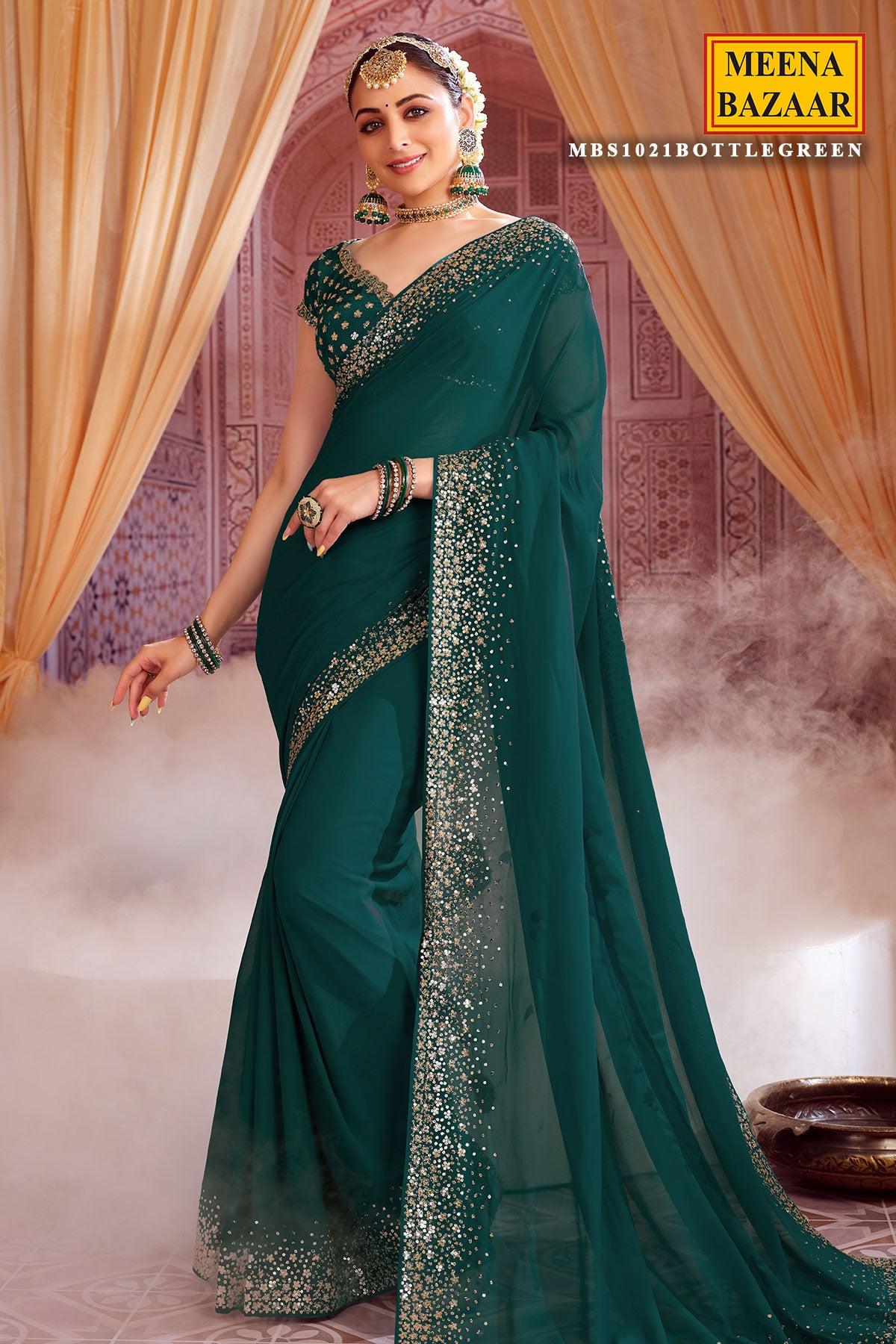 Bottle Green Georgette with Zari Sequence Embroidery Saree