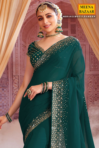 Bottle Green Georgette with Zari Sequence Embroidery Saree