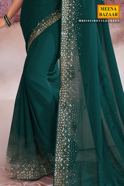 Bottle Green Georgette with Zari Sequence Embroidery Saree