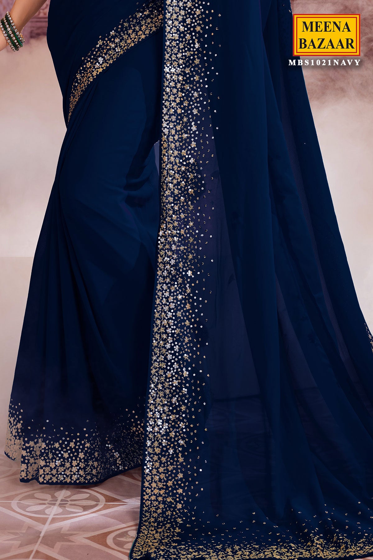 Navy Georgette Zari and Sequins Embroidered Saree
