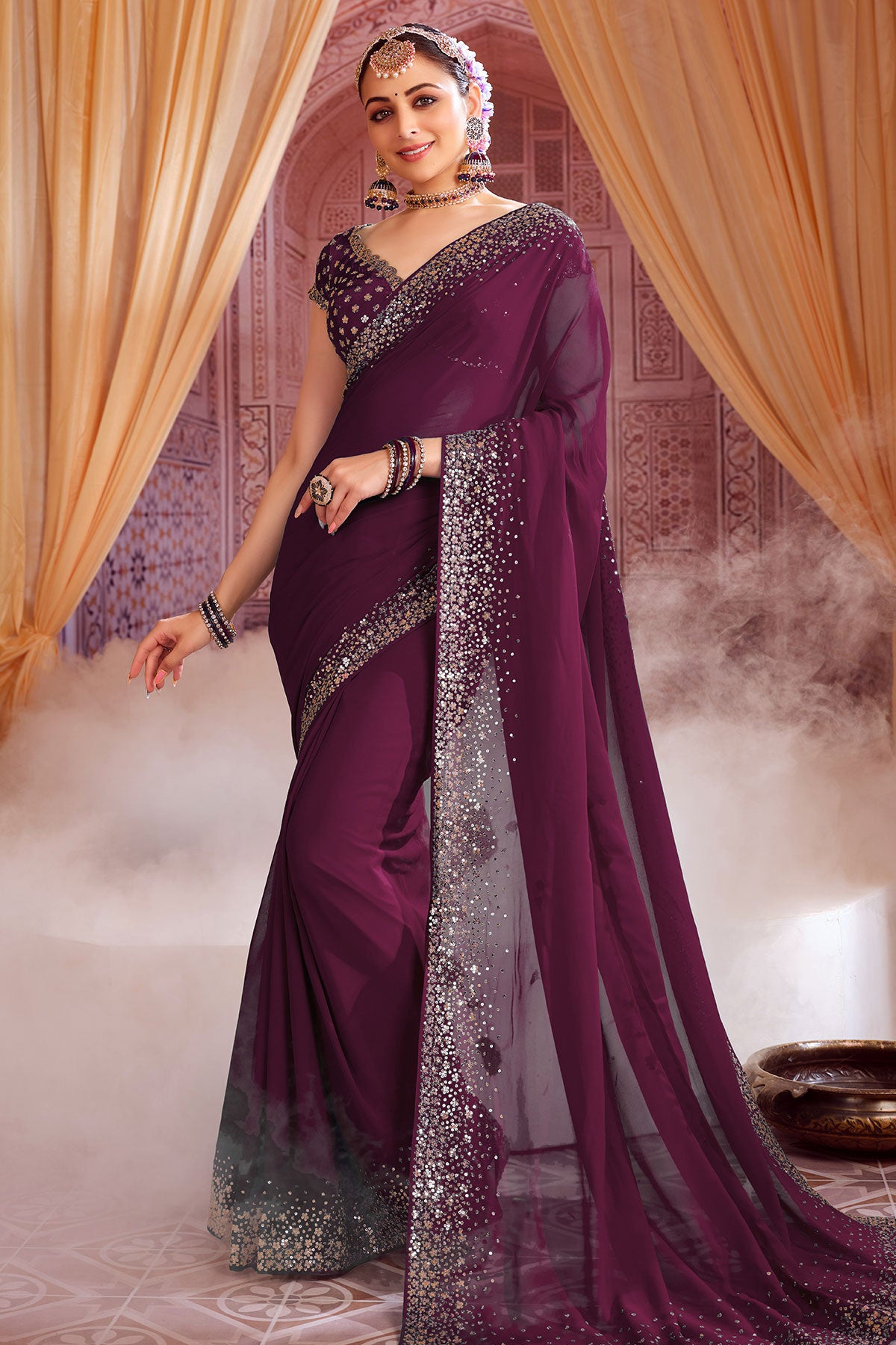 Wine Georgette Zari and Sequins Embroidered Saree