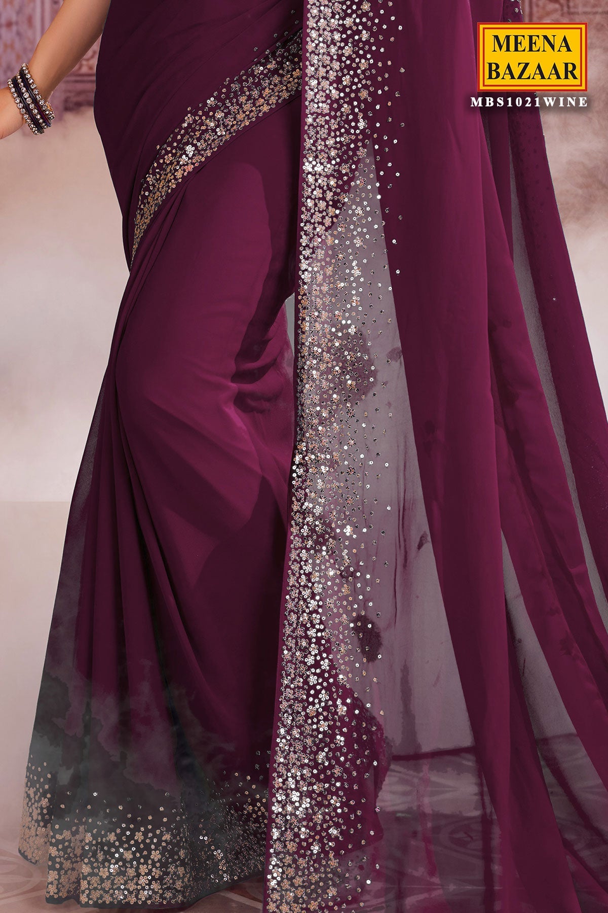 Wine Georgette Zari and Sequins Embroidered Saree