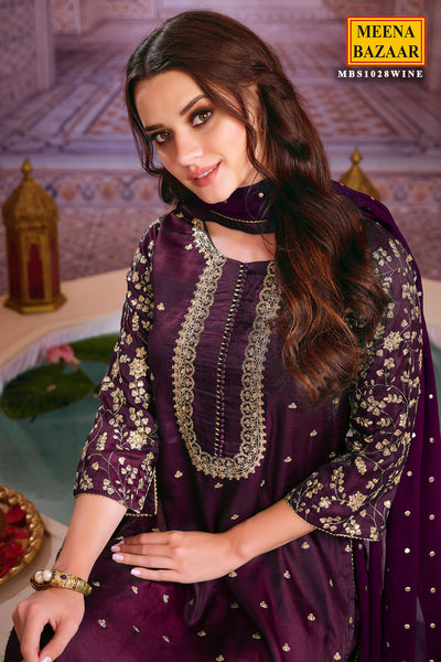 Wine Silk Zari and Sequins Embroidered Suit