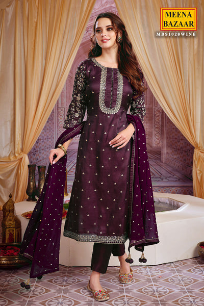 Wine Silk Zari and Sequins Embroidered Suit