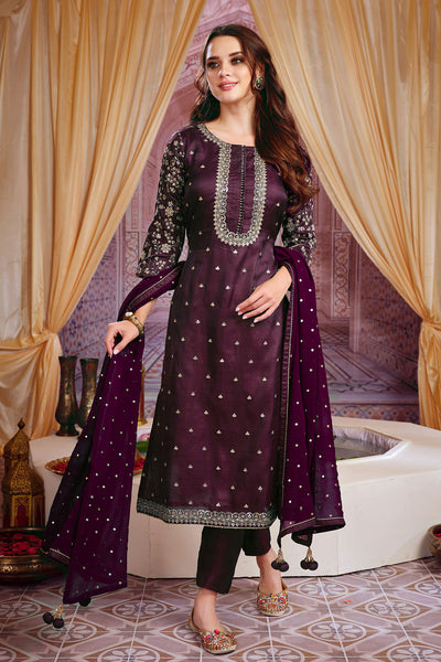 Wine Silk Zari and Sequins Embroidered Suit