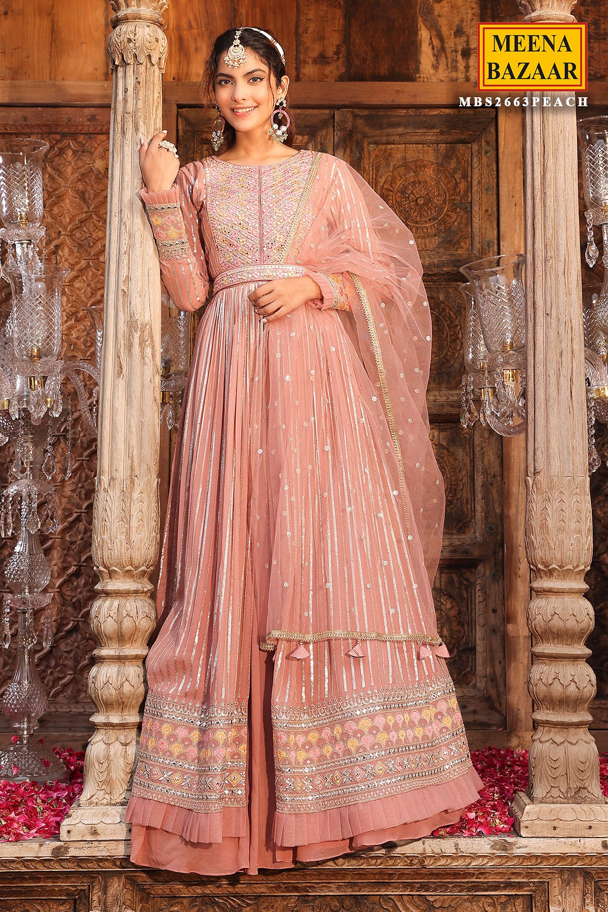 Peach Georgette Sequins Embroidered Suit