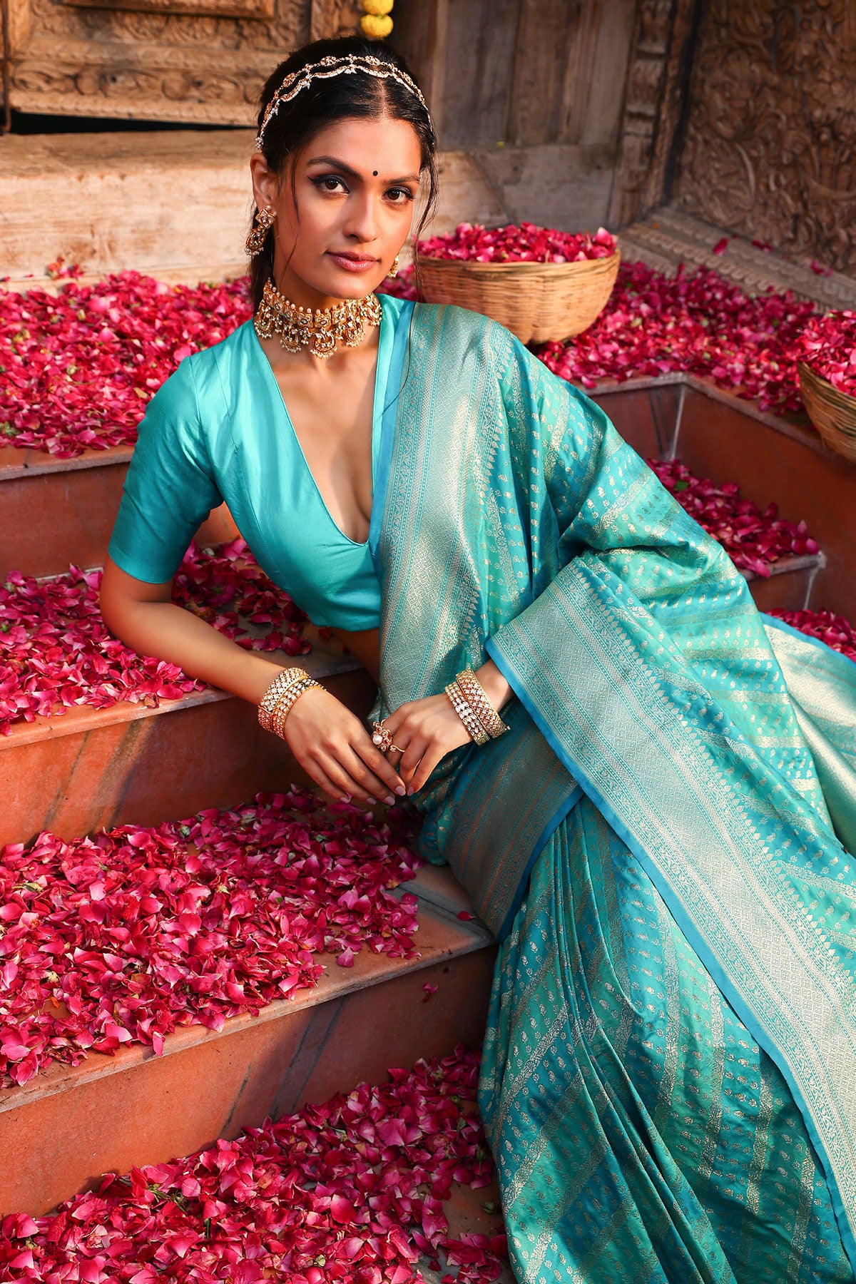 Firozi Silk Saree with Zari Weaving