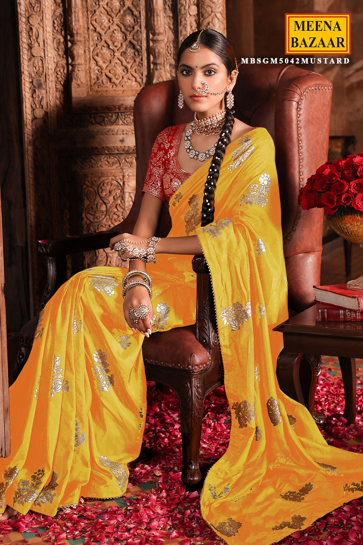 Mustard Silk Woven Saree