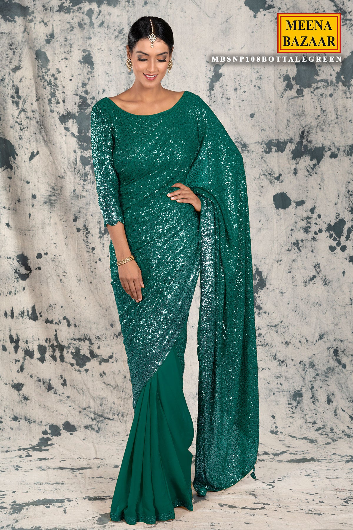 Bottle Green Georgette Sequins Embroidered Saree