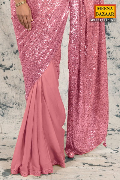 Pink Georgette Sequins Embroidered Saree