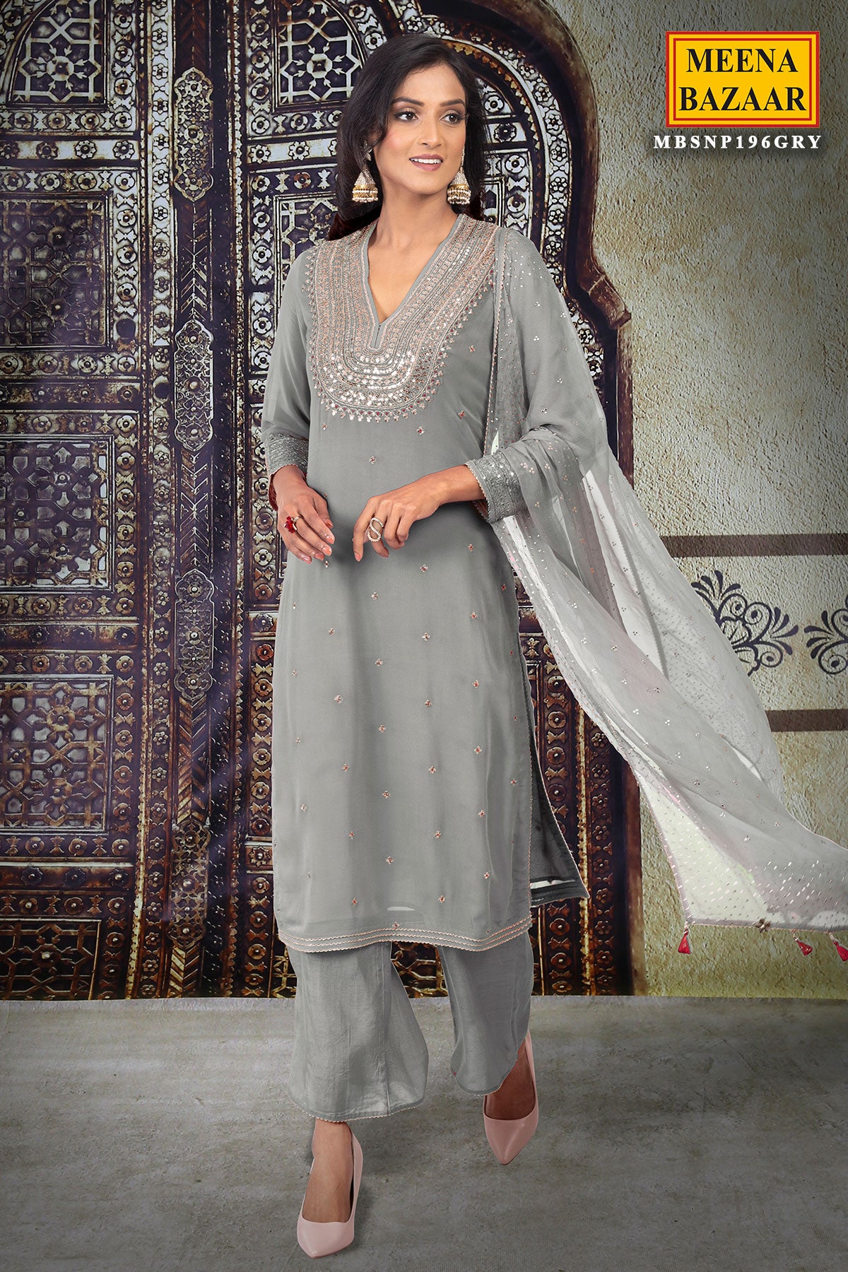 Buy Grey and Navy blue chinon Indian Palazzo wedding suit in UK, USA and  Canada