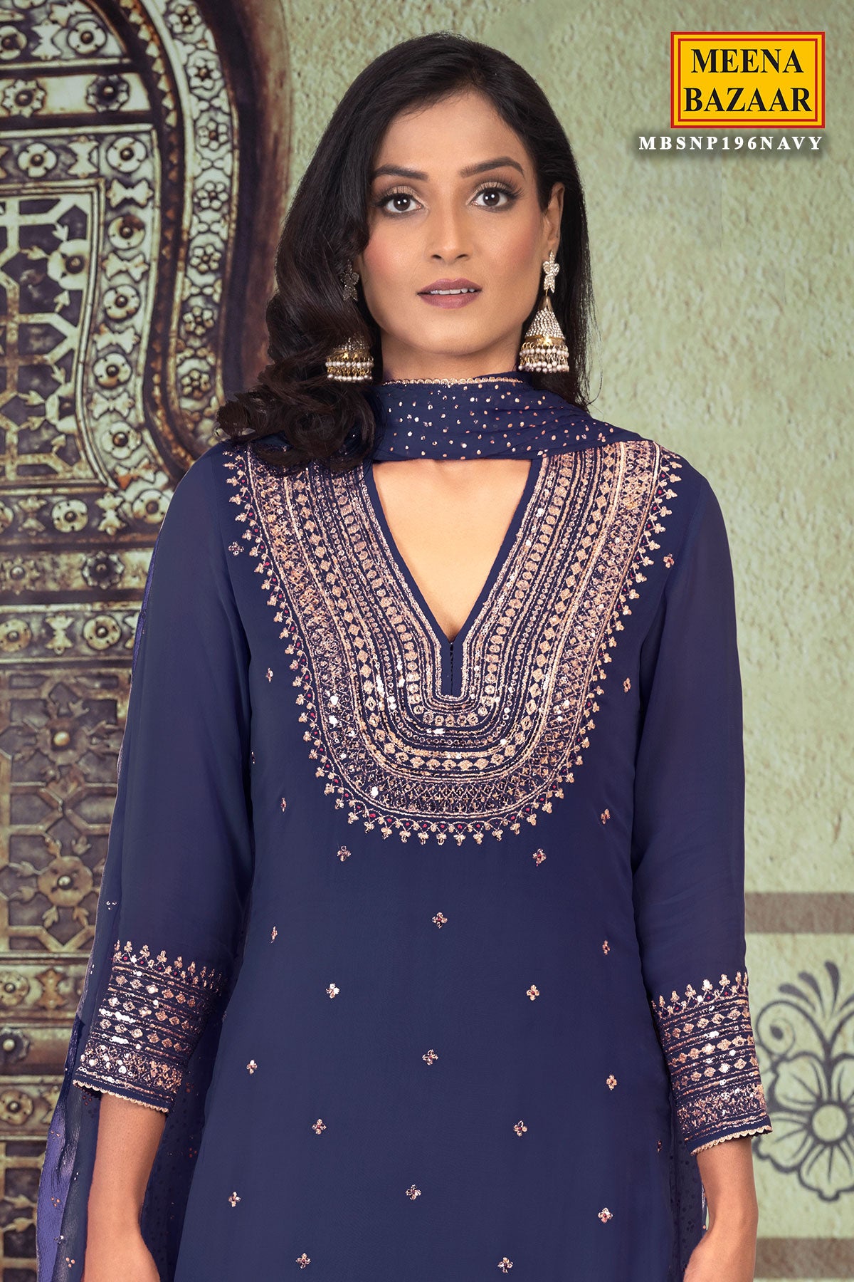 Navy Sequin Embroidered Suit Set