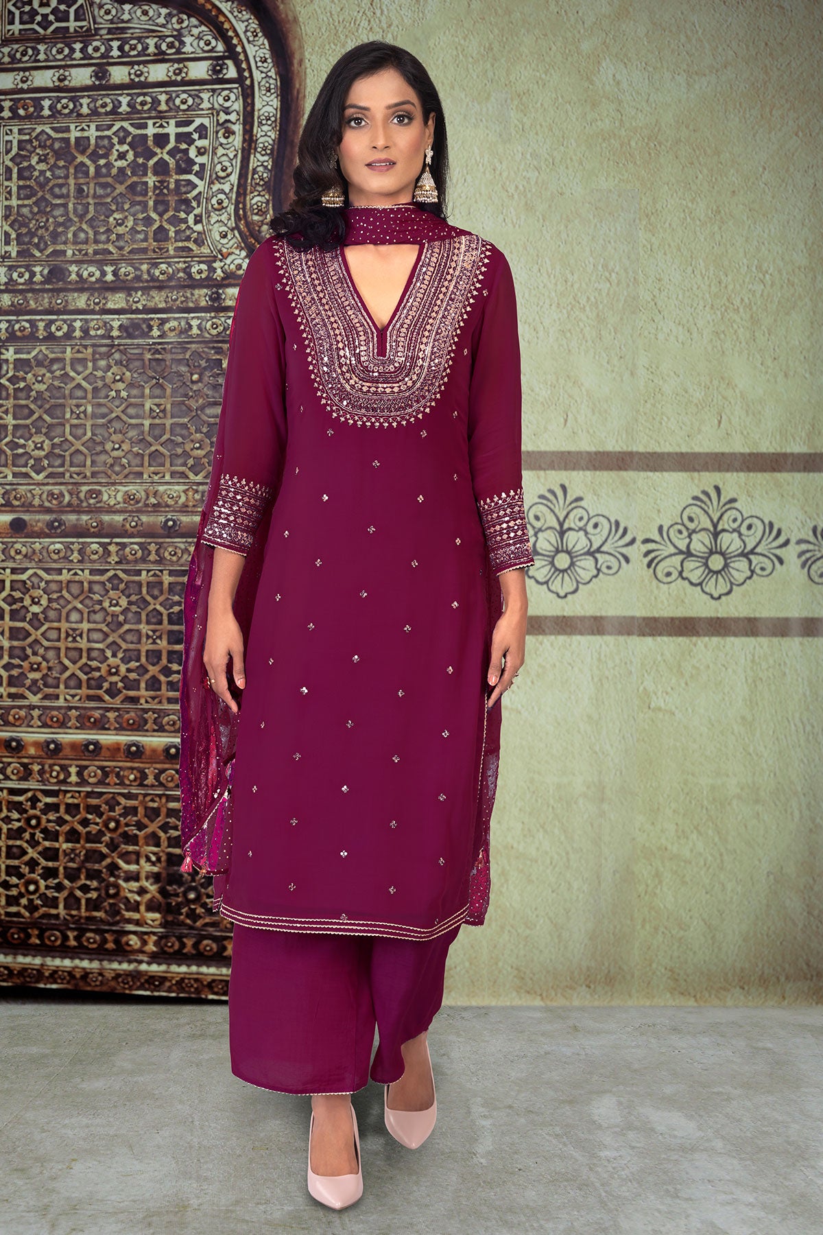 Wine Sequin Embroidered Suit Set