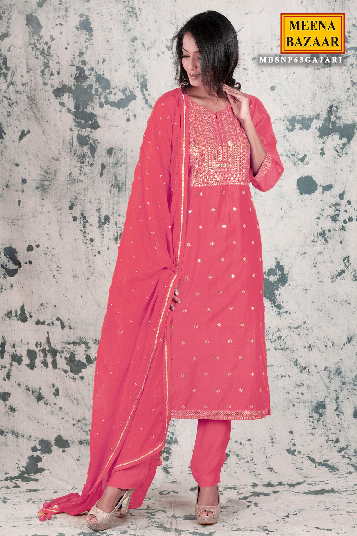 Gajari Chanderi Zari and Sequins Embroidered Suit with Chinon Dupatta