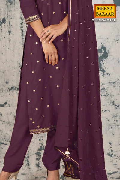Wine Silk Zari & Sequins Suit Set