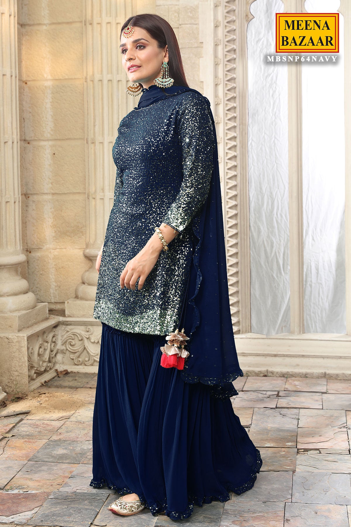 Navy Georgette Sequins Embroidered Gharara Suit Set