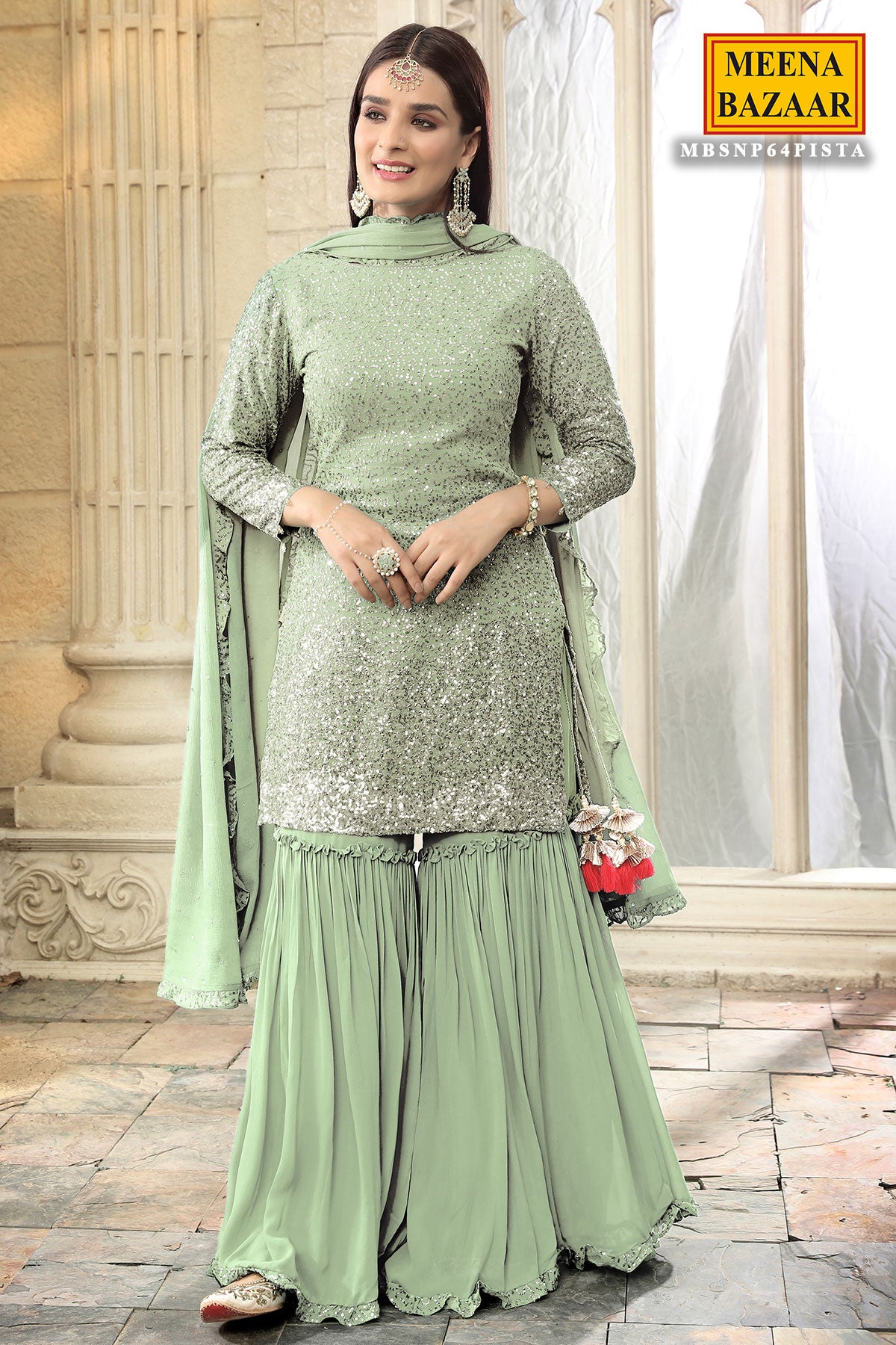 Pista Green Georgette Sequins Embroidered Gharara Suit Set