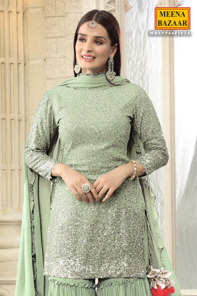 Pista Green Georgette Sequins Embroidered Gharara Suit Set
