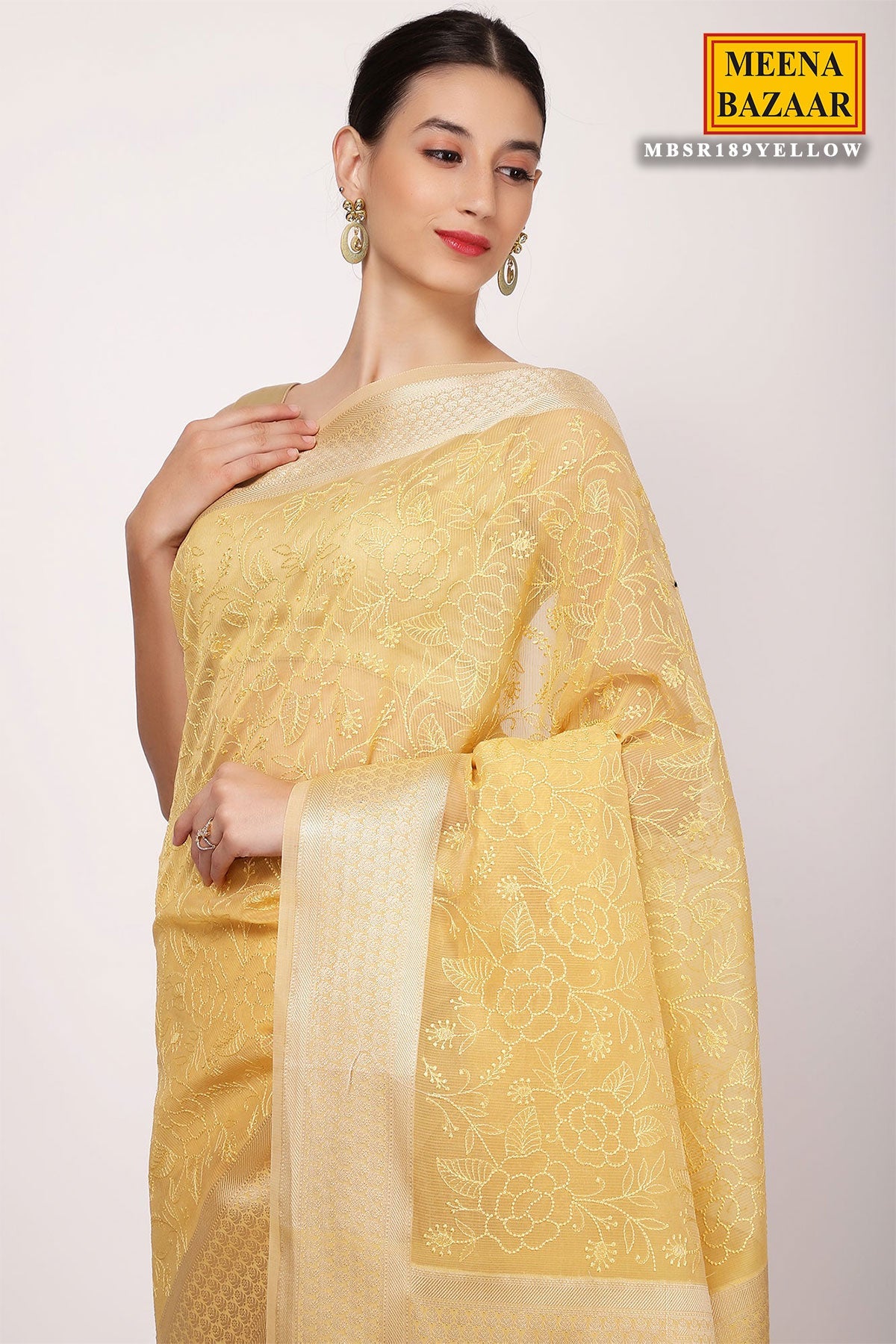 Yellow Cotton Floral Embroidered Saree