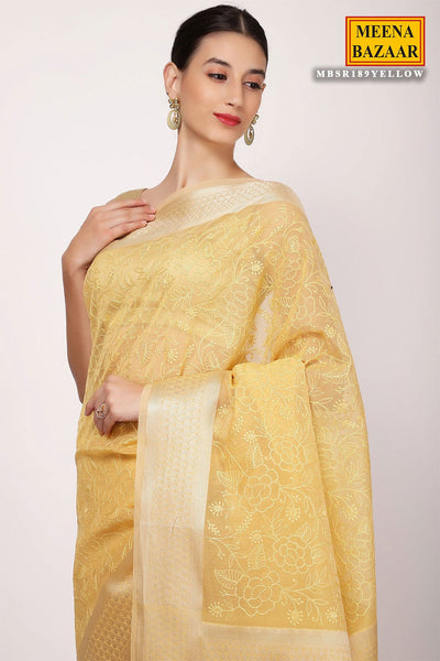 Yellow Cotton Floral Embroidered Saree