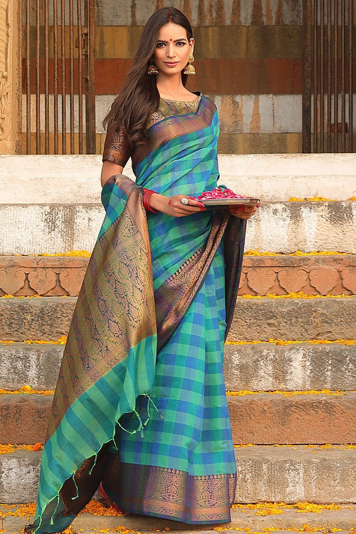 Blue Handloom Geomteric Pattern Cotton Saree