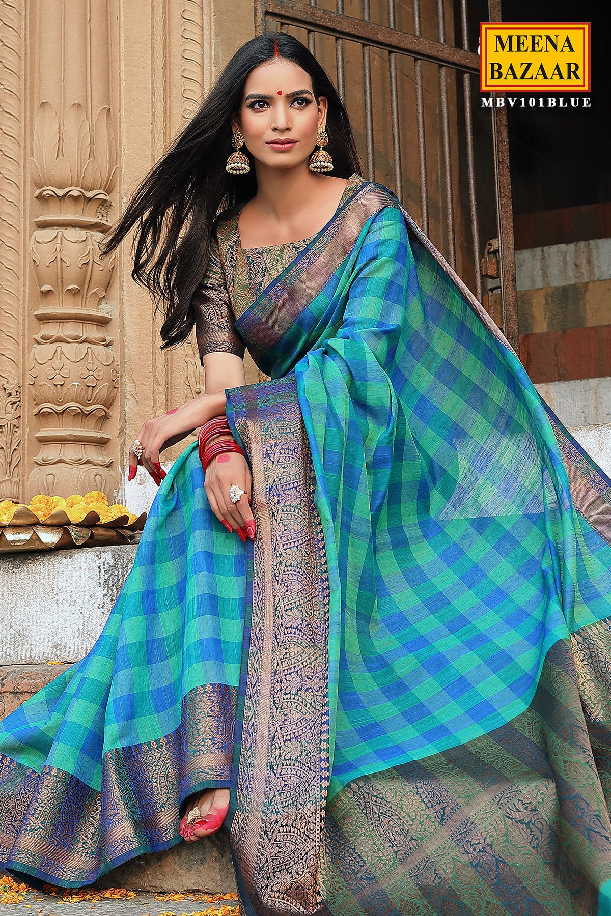 Blue Handloom Geomteric Pattern Cotton Saree