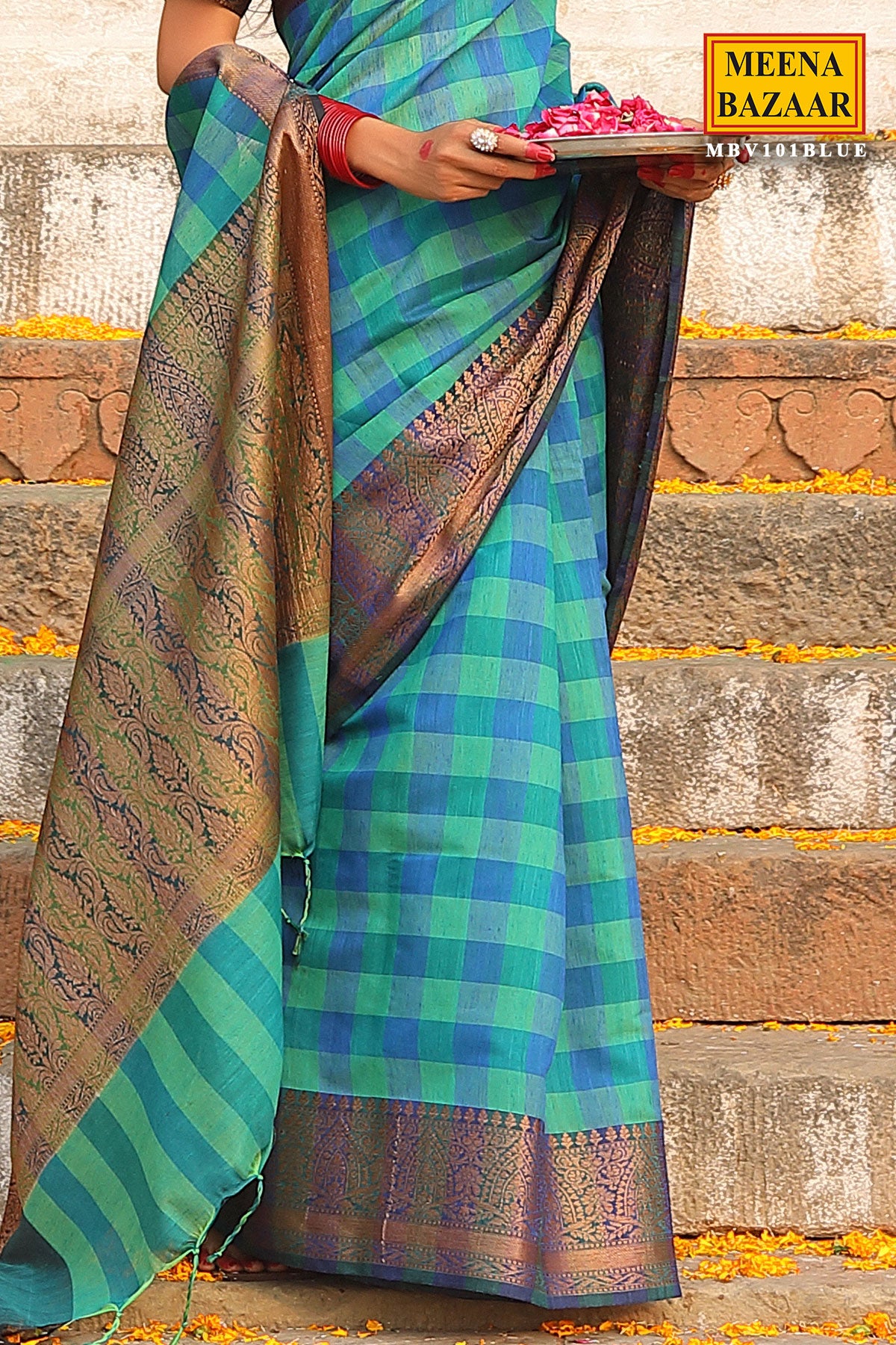 Blue Handloom Geomteric Pattern Cotton Saree