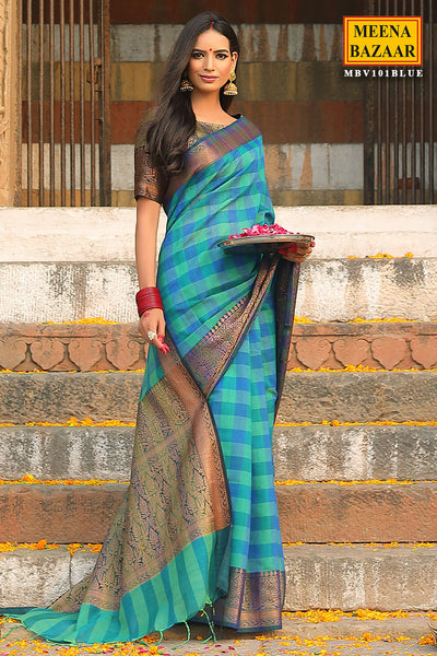 Blue Handloom Geomteric Pattern Cotton Saree