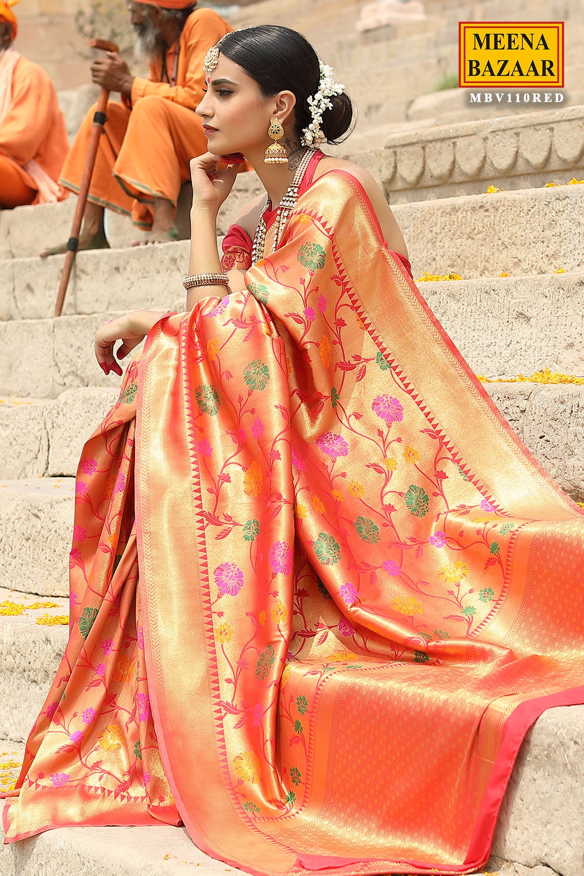 Buy online Shimmery Gold And Red Saree from ethnic wear for Women by Meena  Bazaar for ₹4980 at 0% off | 2024 Limeroad.com