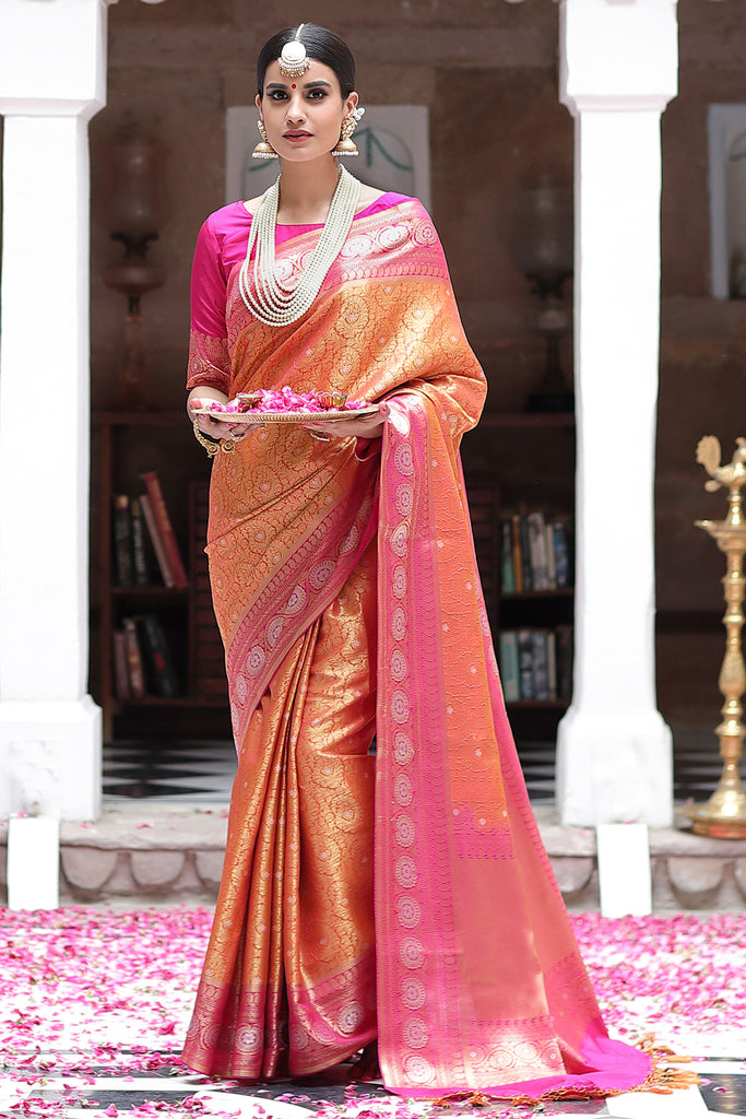 Buy Orange and pink Banarasi Silk Saree With blouse piece at Amazon.in